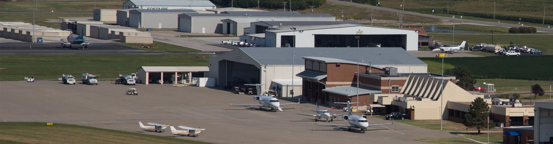 Distant view of the airport hangars