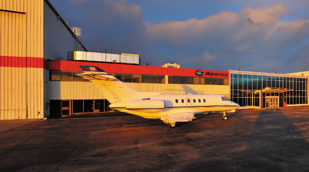 Skyservice building and plane zoom in