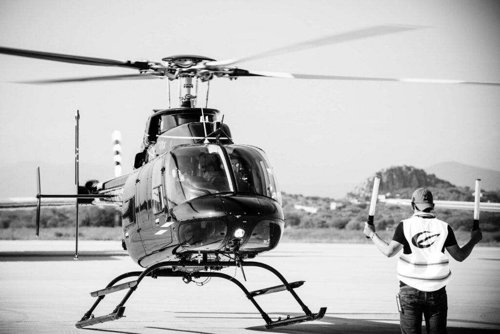 Landing helicopter on the airport