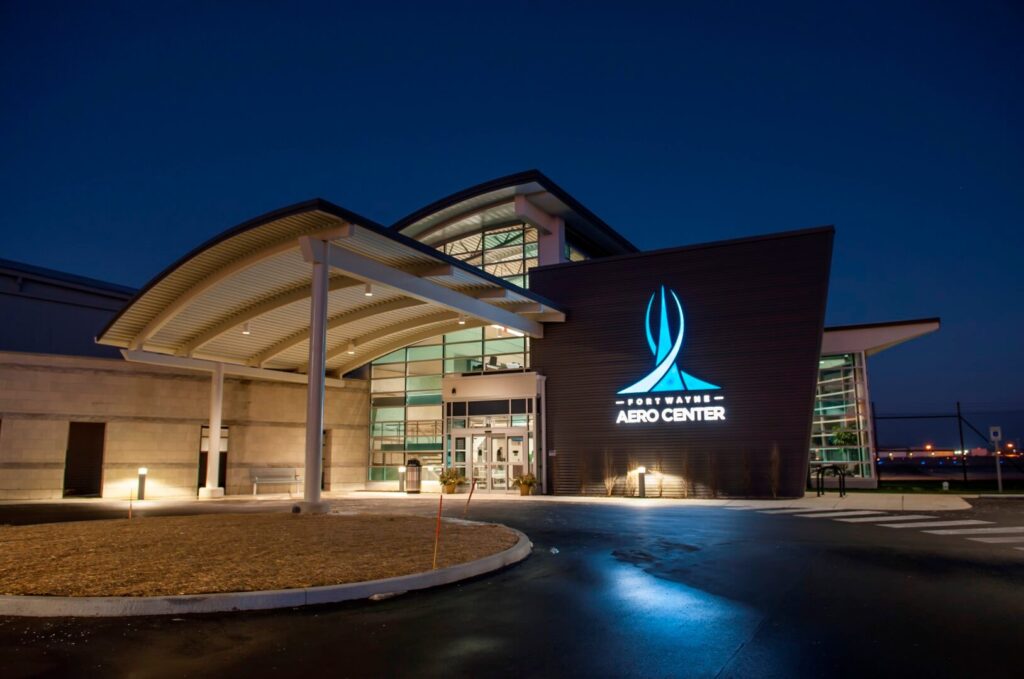 Fort Wayne Aero Center building at the night