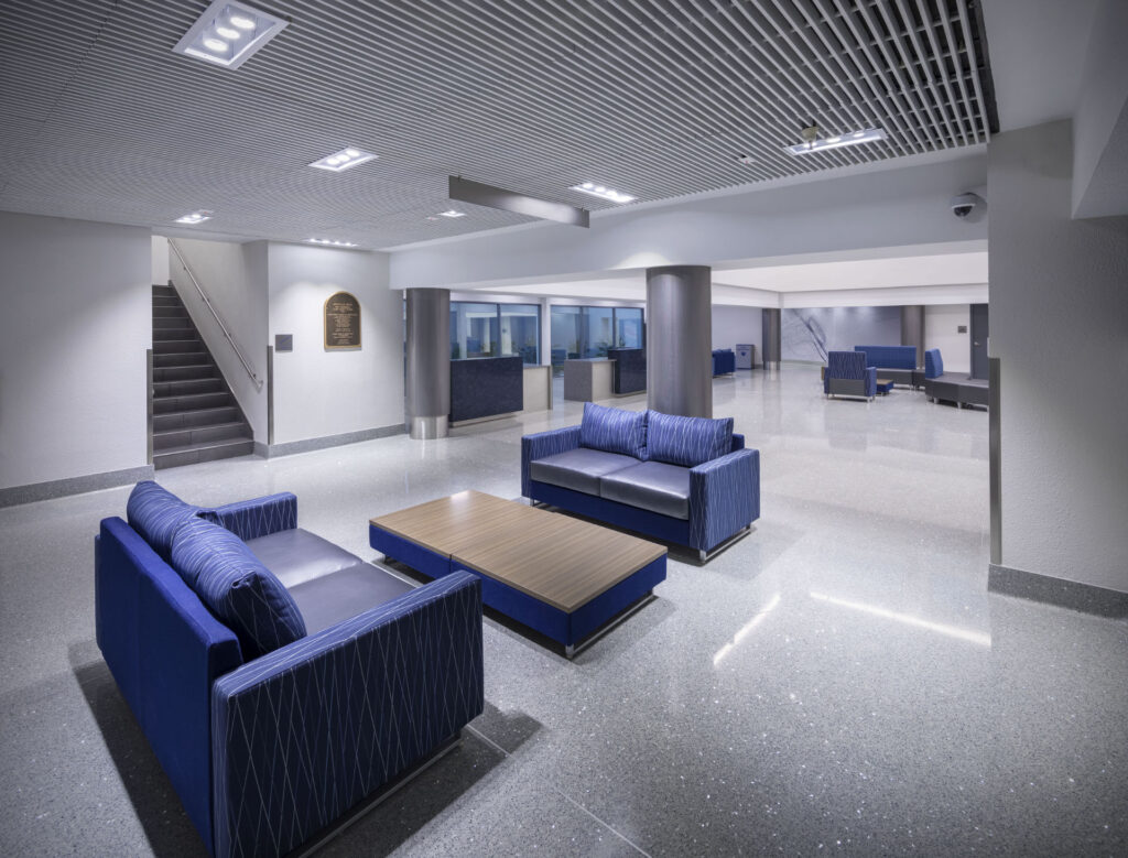 Waiting room with blue sofas