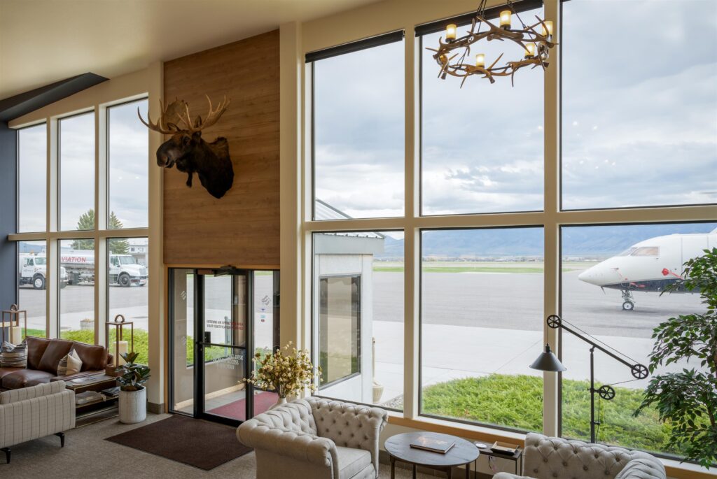 Deer head above the entrance to the lobby with ramp view