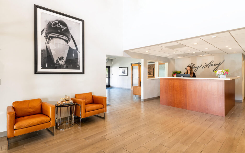 Spacious lobby with poster on the wall