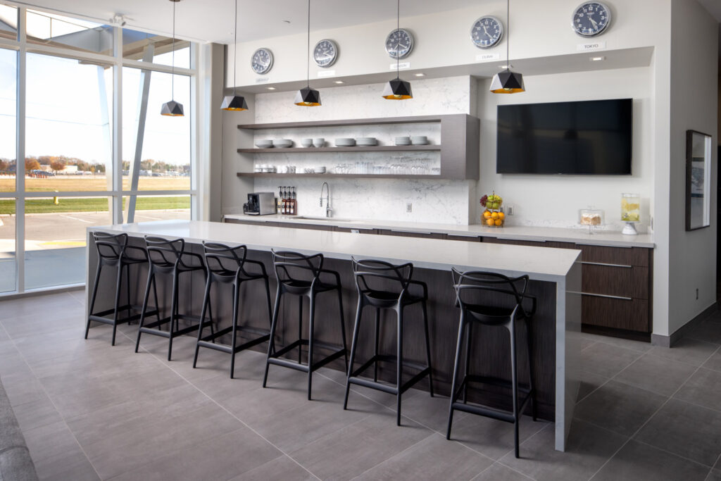 Open kitchen in an apartment overlooking the runway