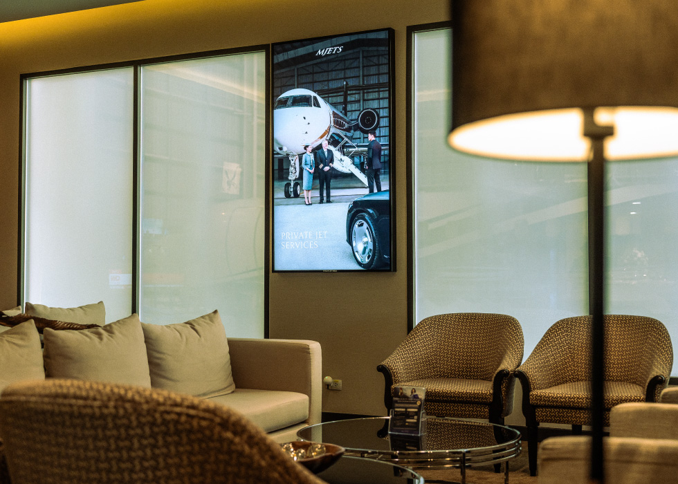 An MJets lounge with empty chairs